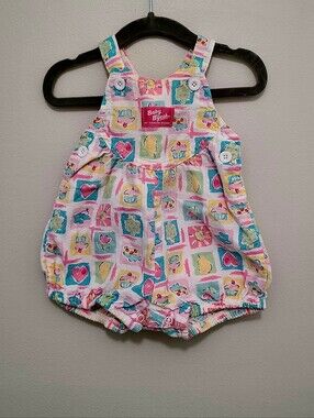 Vtg Oshkosh Baby B’Gosh Vestbak Overalls Bubble Romper Girls 3/6M Heart Flower